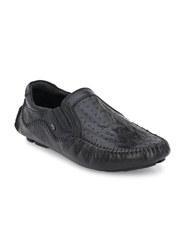 Hitz Men's Black Leather Slip On Loafer Shoes