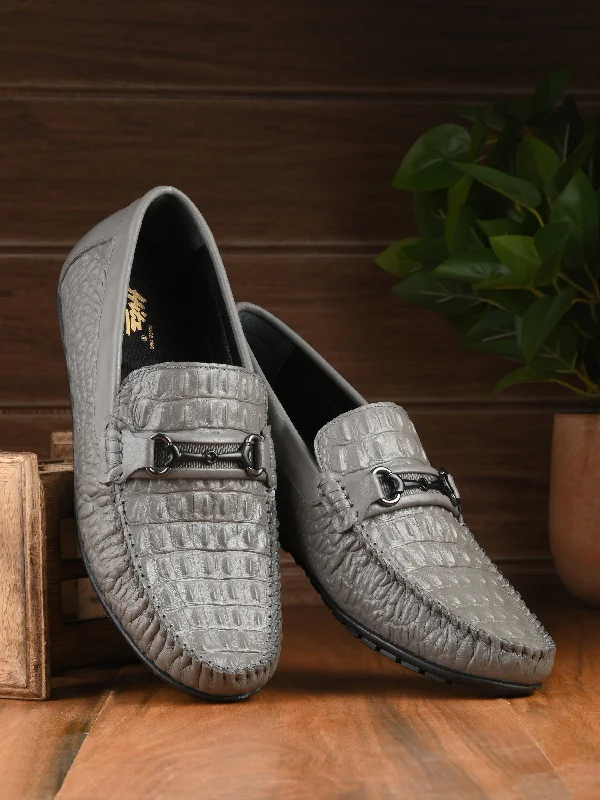 Hitz Men's Grey Leather Casual Slip on Loafers