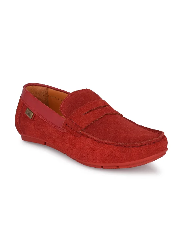 Hitz Men's Red Leather Slip-On Casual Loafer Shoes