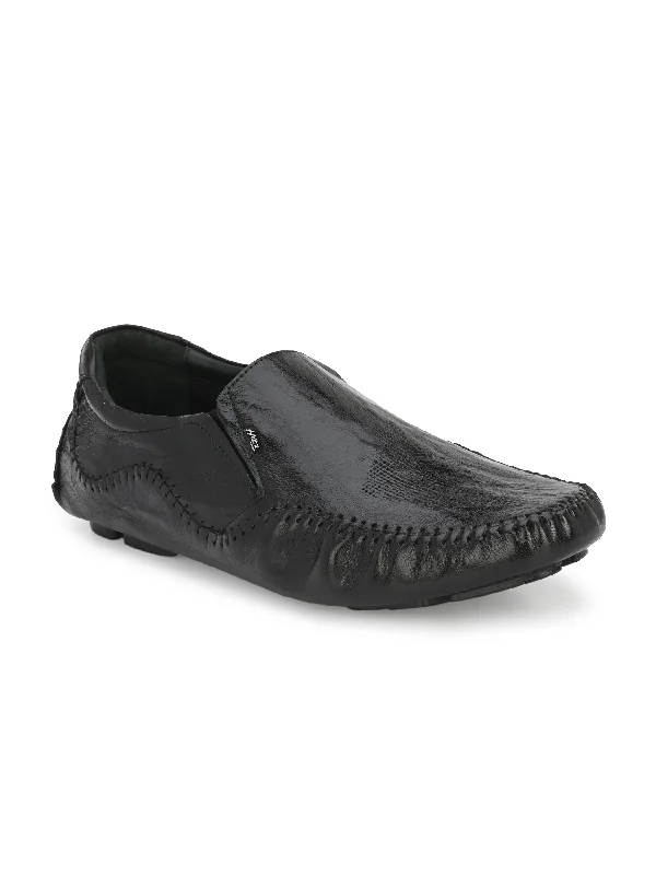 Hitz Men's Black Leather Slip On Loafer Shoes